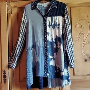 John Mark Blue and White Graphic Button Down Shirt